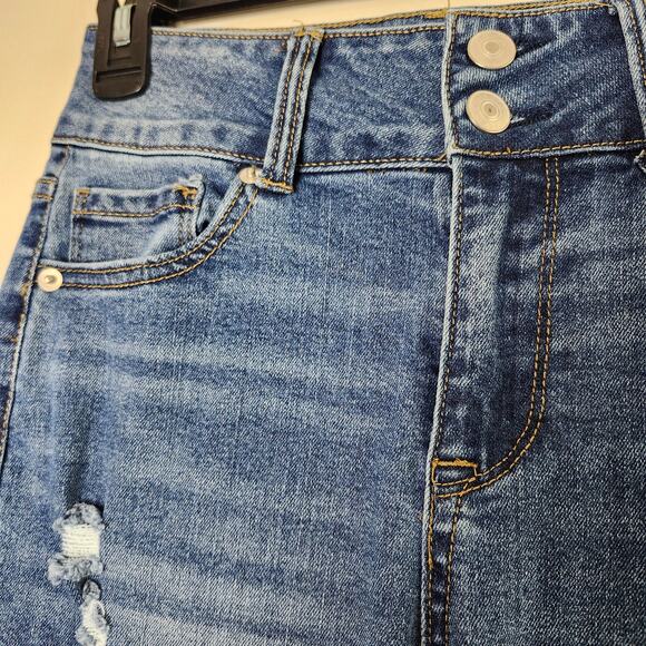 No Boundaries Junior Distressed Flare Leg Raw Hem Double Button Jeans SZ 3 Blue - Picture 4 of 11
